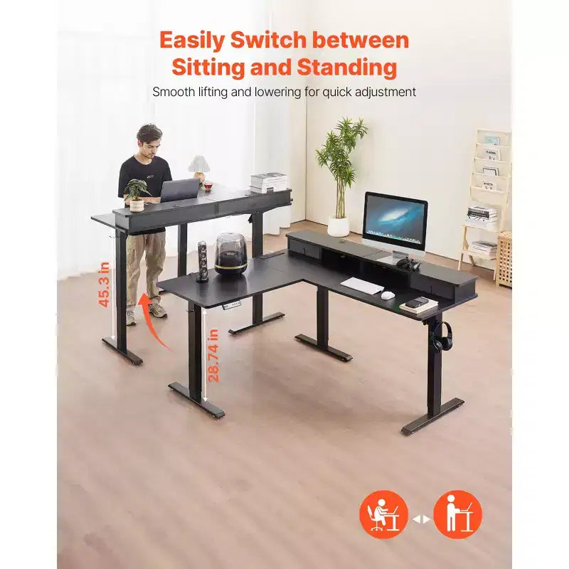 L-Shaped Electric Standing Desk with Corner Design, Drawers, CPU Stand and Dual Hooks, Black