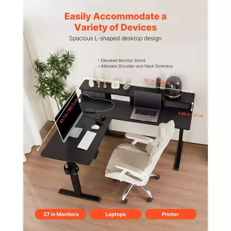 L-Shaped Electric Standing Desk with Corner Design, Drawers, CPU Stand and Dual Hooks, Black