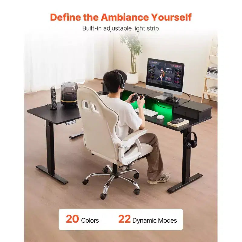L-Shaped Electric Standing Desk with Corner Design, Drawers, CPU Stand and Dual Hooks, Black