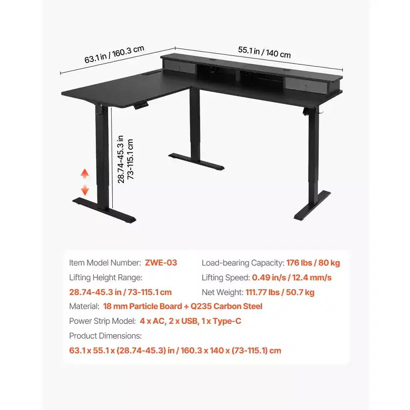 L-Shaped Electric Standing Desk with Corner Design, Drawers, CPU Stand and Dual Hooks, Black
