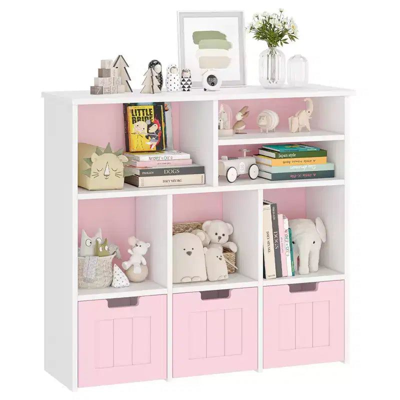 TROPOW Toy Storage Organizer, Kids Bookshelf with 3 Movable Drawers and 6 Storage Cubbies, Toy Storage Cabinet Display for Bedroom (Pink White)