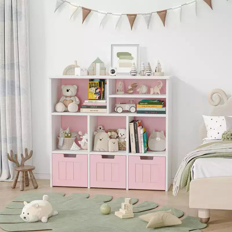 Kids Toy Storage Organizer with 6 Cubbies and 3 Movable Drawers, Bookshelf Cabinet for Bedroom (Pink & White)