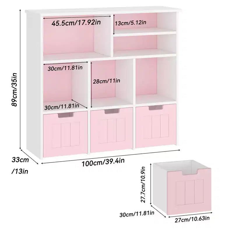 Kids Toy Storage Organizer with 6 Cubbies and 3 Movable Drawers, Bookshelf Cabinet for Bedroom (Pink & White)