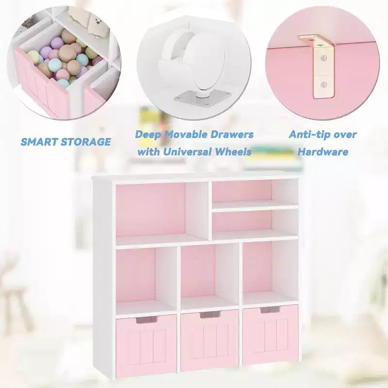 Kids Toy Storage Organizer with 6 Cubbies and 3 Movable Drawers, Bookshelf Cabinet for Bedroom (Pink & White)