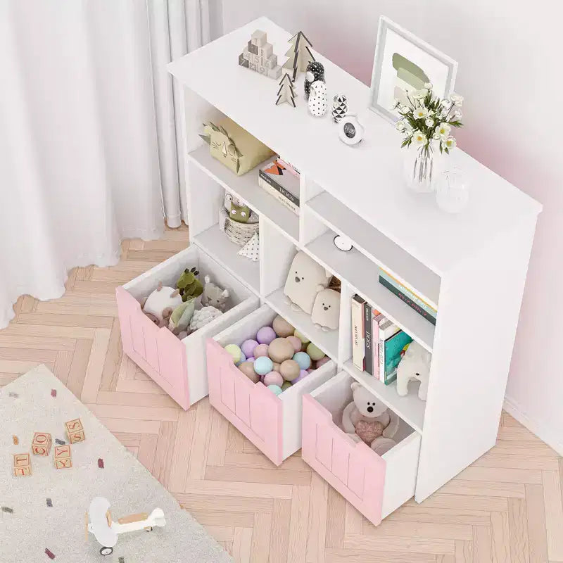 Kids Toy Storage Organizer with 6 Cubbies and 3 Movable Drawers, Bookshelf Cabinet for Bedroom (Pink & White)