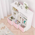 Kids Toy Storage Organizer with 6 Cubbies and 3 Movable Drawers, Bookshelf Cabinet for Bedroom (Pink & White)