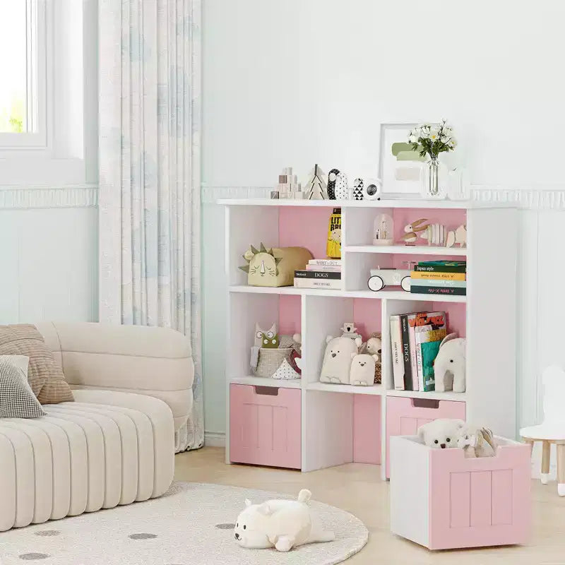 Kids Toy Storage Organizer with 6 Cubbies and 3 Movable Drawers, Bookshelf Cabinet for Bedroom (Pink & White)