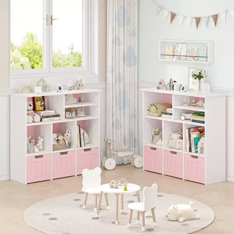 Kids Toy Storage Organizer with 6 Cubbies and 3 Movable Drawers, Bookshelf Cabinet for Bedroom (Pink & White)
