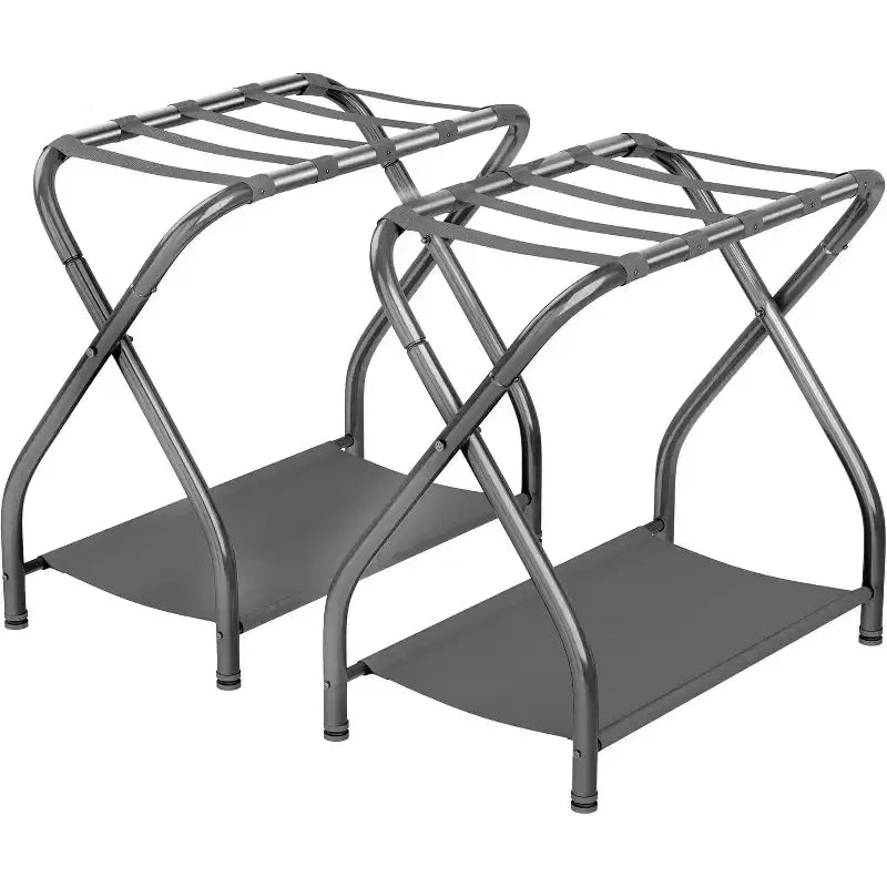 Bartnelli 2-Pack Premium Collapsible Metal Luggage Rack with Folding Storage Shelf and Durable Nylon Straps