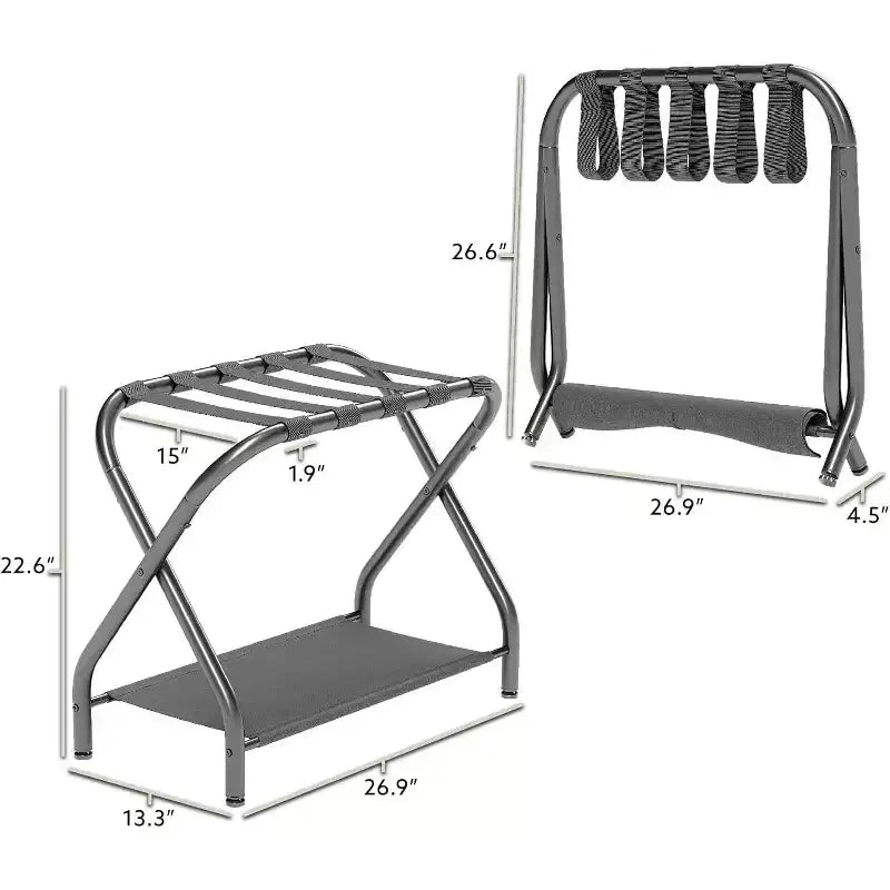 2-Pack Collapsible Metal Luggage Rack with Folding Storage Shelf and Nylon Straps