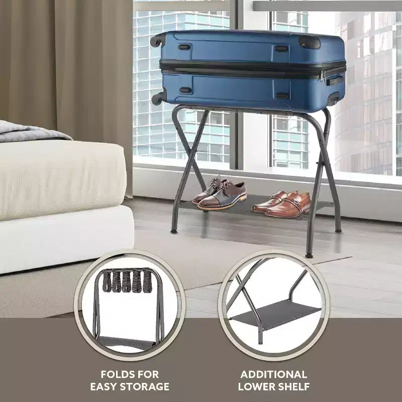 2-Pack Collapsible Metal Luggage Rack with Folding Storage Shelf and Nylon Straps