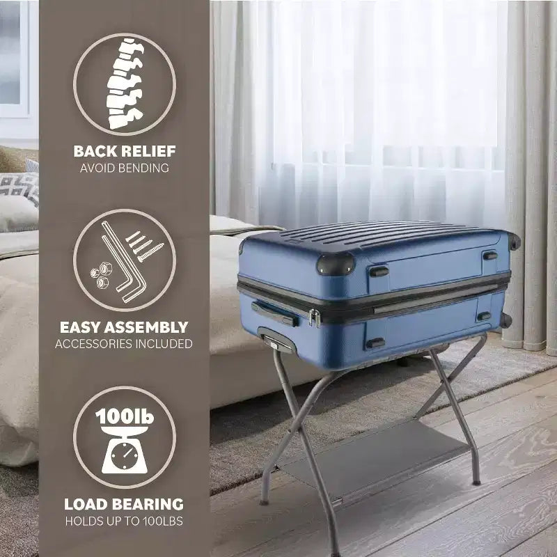 2-Pack Collapsible Metal Luggage Rack with Folding Storage Shelf and Nylon Straps