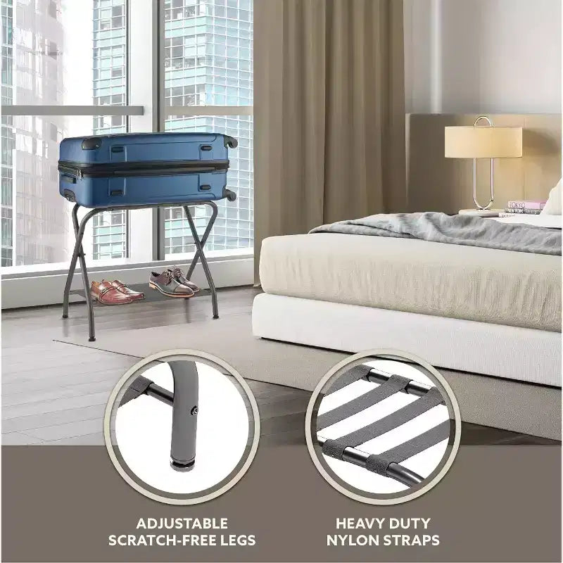 2-Pack Collapsible Metal Luggage Rack with Folding Storage Shelf and Nylon Straps