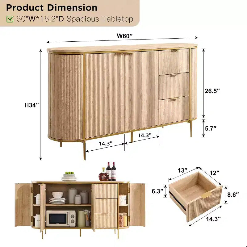 60" Fluted Sideboard Buffet Cabinet with Semi-Circular Arc Doors