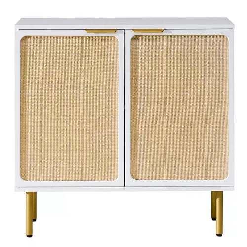 AMERLIFE 31.5 Wide Bohemian Rattan 2-Door Accent Cabinet with Gold Rubberwood Legs