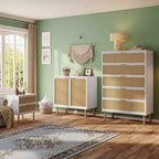 31.5" Wide Rattan 2-Door Accent Cabinet with Gold Rubberwood Legs