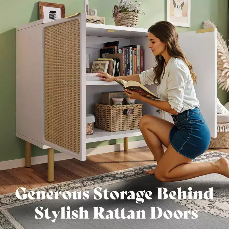 31.5" Wide Rattan 2-Door Accent Cabinet with Gold Rubberwood Legs