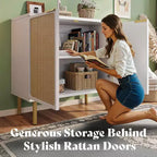 31.5" Wide Rattan 2-Door Accent Cabinet with Gold Rubberwood Legs