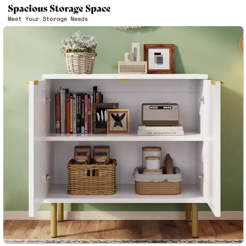 31.5" Wide Rattan 2-Door Accent Cabinet with Gold Rubberwood Legs