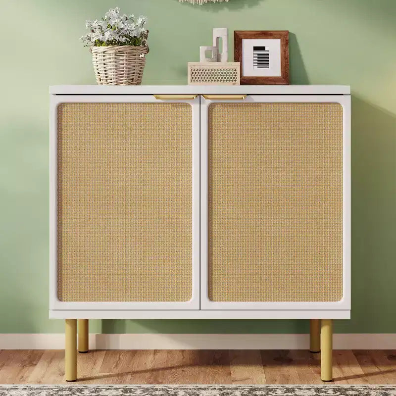 31.5" Wide Rattan 2-Door Accent Cabinet with Gold Rubberwood Legs