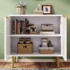 31.5" Wide Rattan 2-Door Accent Cabinet with Gold Rubberwood Legs