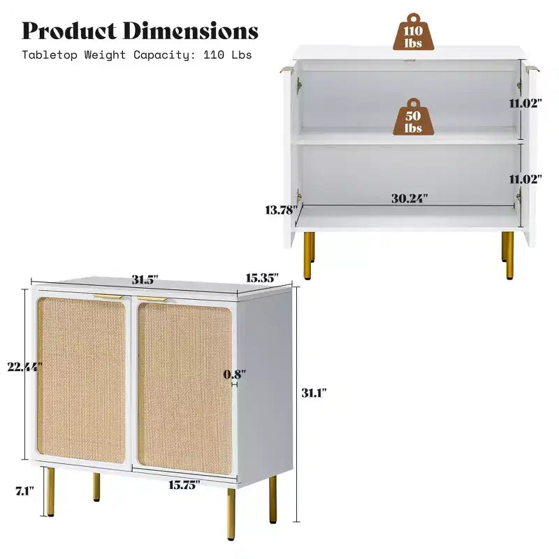 31.5" Wide Rattan 2-Door Accent Cabinet with Gold Rubberwood Legs