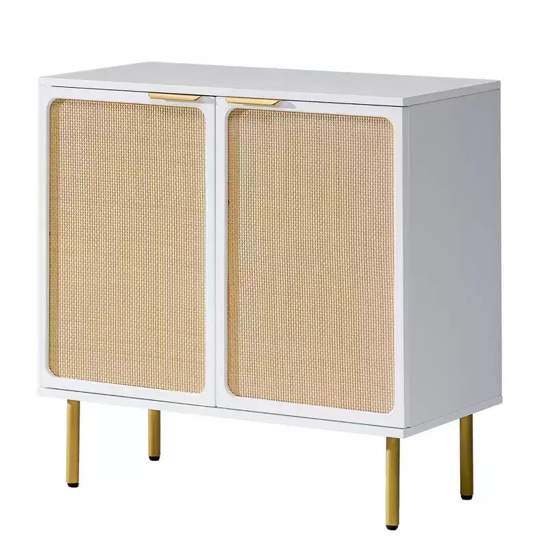 31.5" Wide Rattan 2-Door Accent Cabinet with Gold Rubberwood Legs