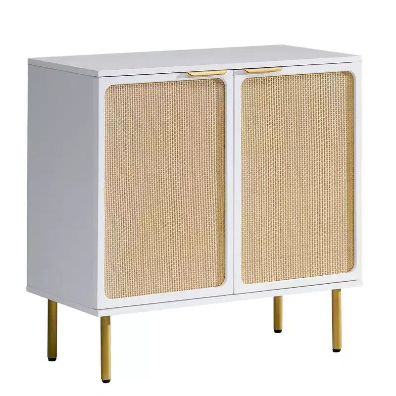 31.5" Wide Rattan 2-Door Accent Cabinet with Gold Rubberwood Legs