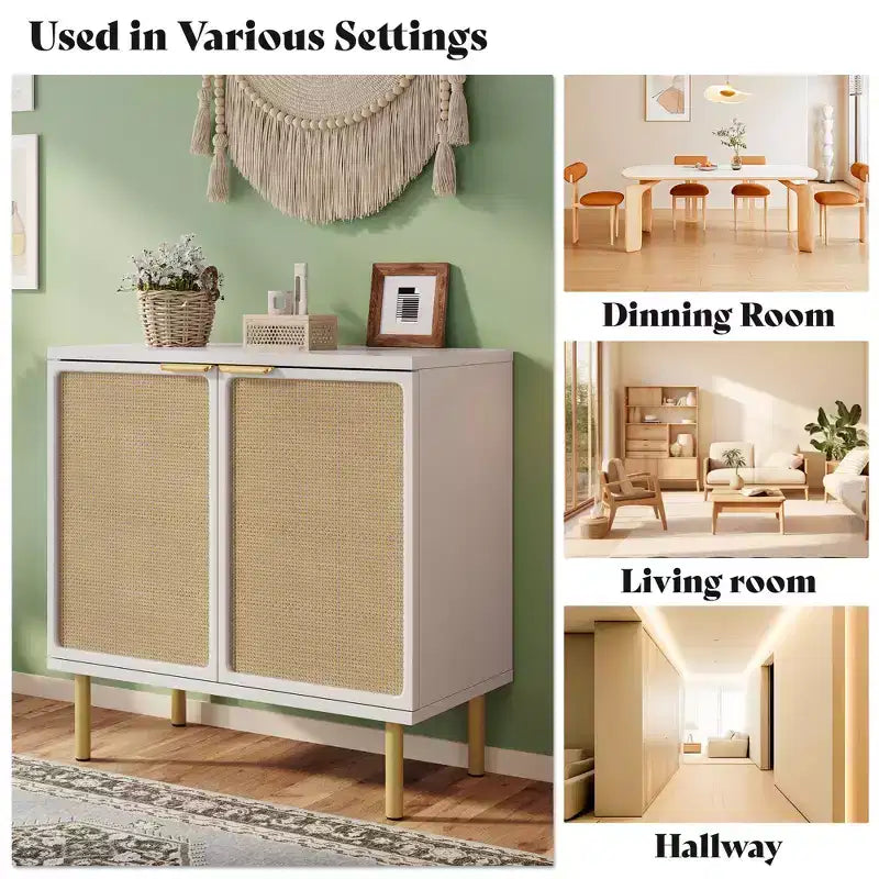 31.5" Wide Rattan 2-Door Accent Cabinet with Gold Rubberwood Legs