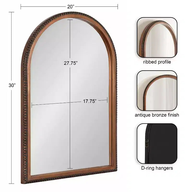 Arch Wall Mirror with Beaded Frame, 20" x 30"