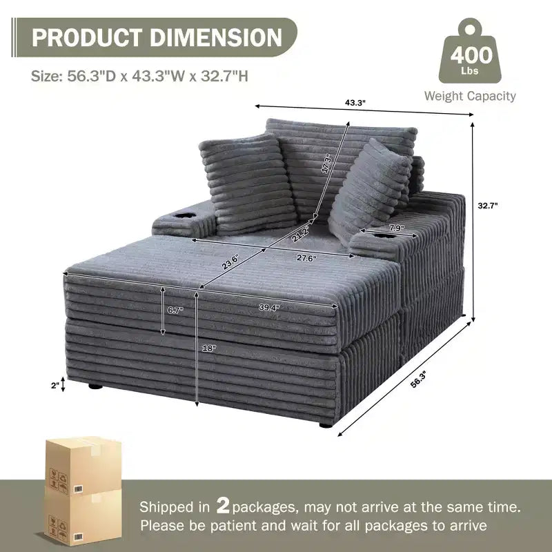 Oversized Chaise Lounge Chair with Ottoman – Corduroy Upholstered, 56.3" Sleeper Sofa