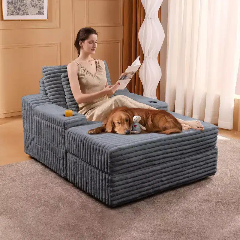 Oversized Chaise Lounge Chair with Ottoman – Corduroy Upholstered, 56.3" Sleeper Sofa