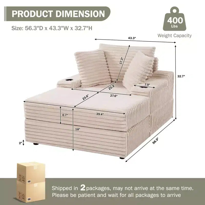 Übergroßer Chaiselongue-Sessel mit Ottoman – Corduroy bezogen, 56,3" Schlafsofa