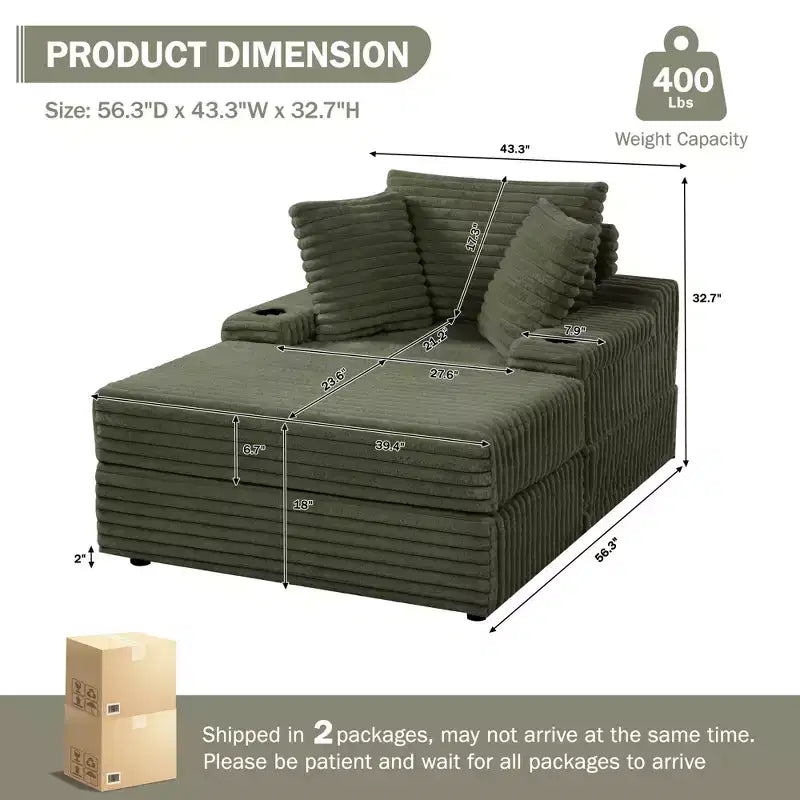Oversized Chaise Lounge Chair with Ottoman – Corduroy Upholstered, 56.3" Sleeper Sofa