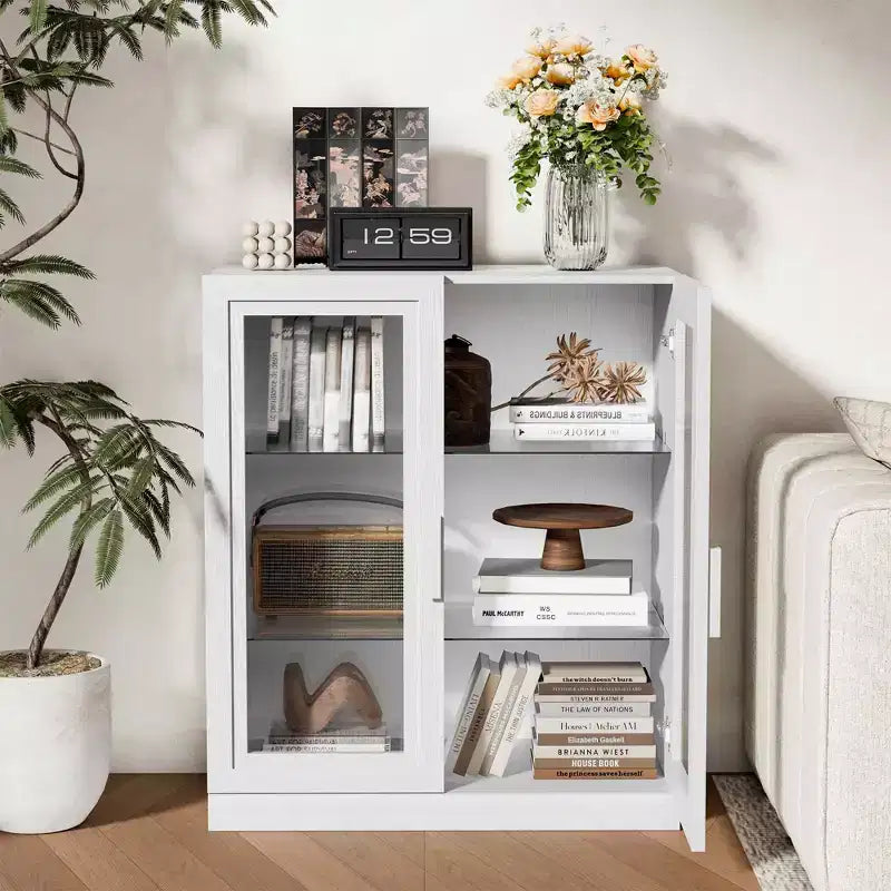 MAYEERTY 31x31x16 Inch White Wood Grain Freestanding Storage Cabinet with Glass Door for Home Bathroom Living Room