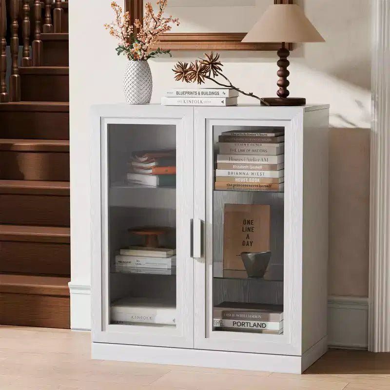 31x31x16 Inch White Wood Grain Freestanding Storage Cabinet with Glass Door