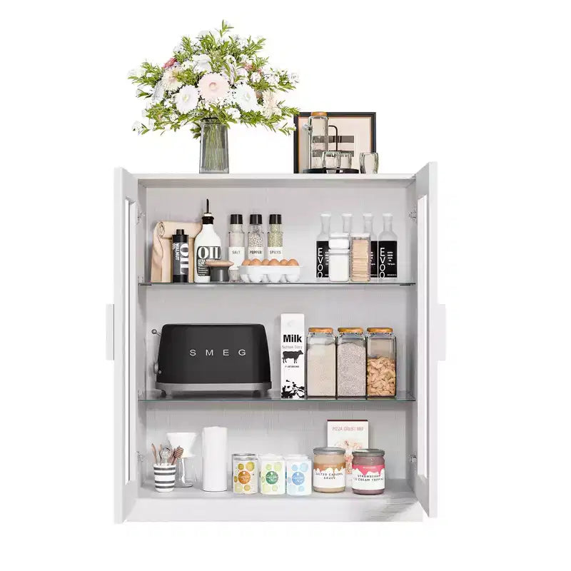 31x31x16 Inch White Wood Grain Freestanding Storage Cabinet with Glass Door
