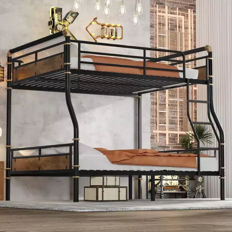Full XL over Queen Metal Bunk Bed Industrial Detachable Bunkbeds with Safety Guard Rails for Teens Black