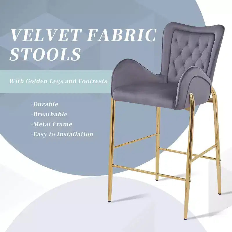 Set of 2 Counter Height Bar Stools with Velvet Seat, Golden Legs & Arms