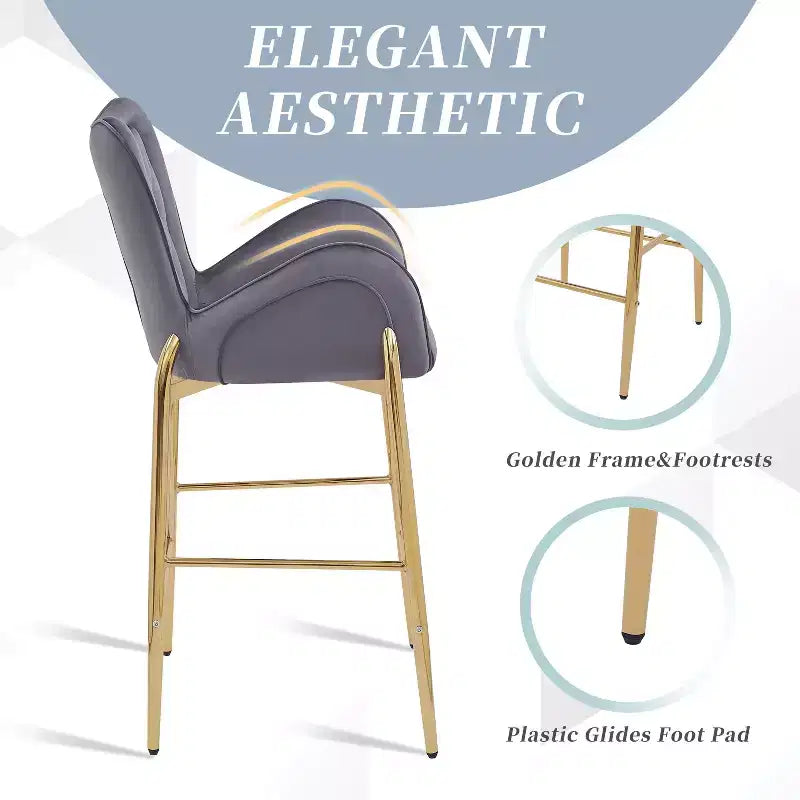 Set of 2 Counter Height Bar Stools with Velvet Seat, Golden Legs & Arms