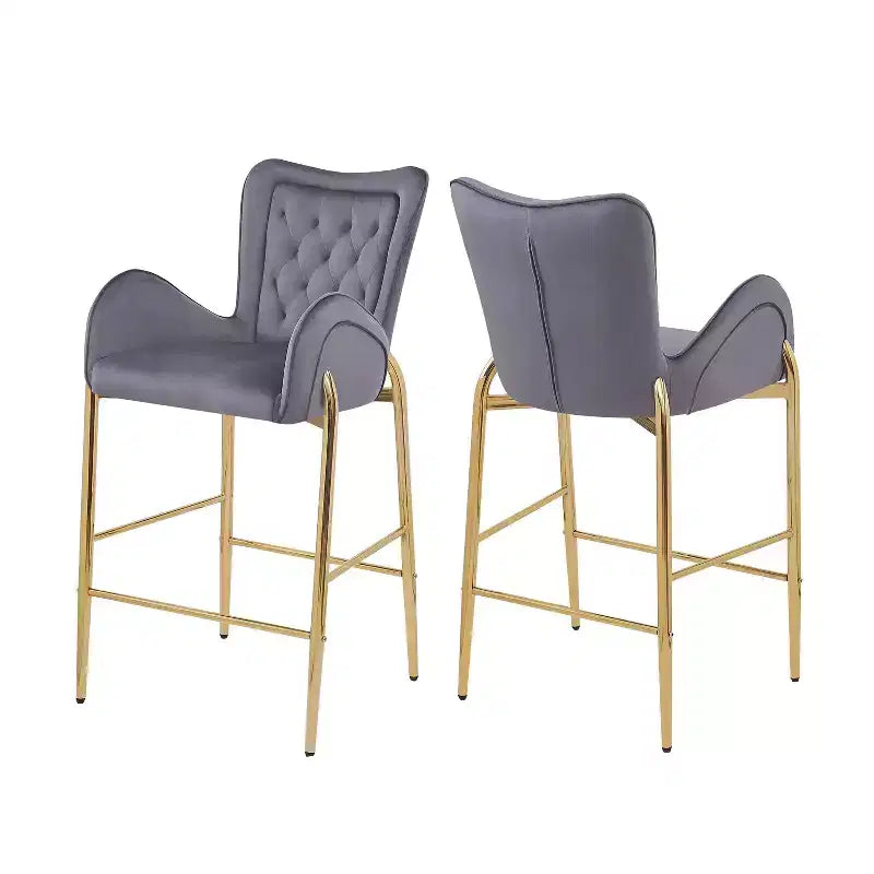 Set of 2 Counter Height Bar Stools with Velvet Seat, Golden Legs & Arms