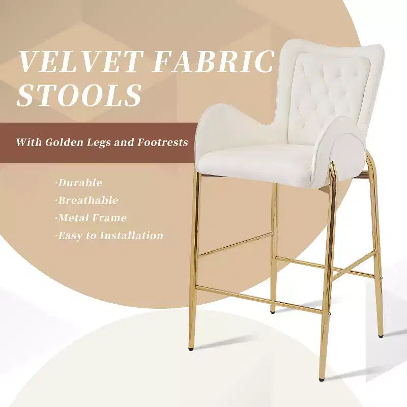Set of 2 Counter Height Bar Stools with Velvet Seat, Golden Legs & Arms