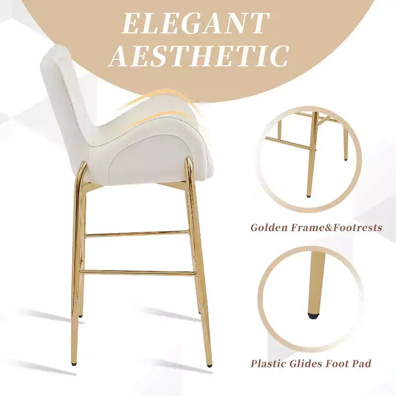 Set of 2 Counter Height Bar Stools with Velvet Seat, Golden Legs & Arms