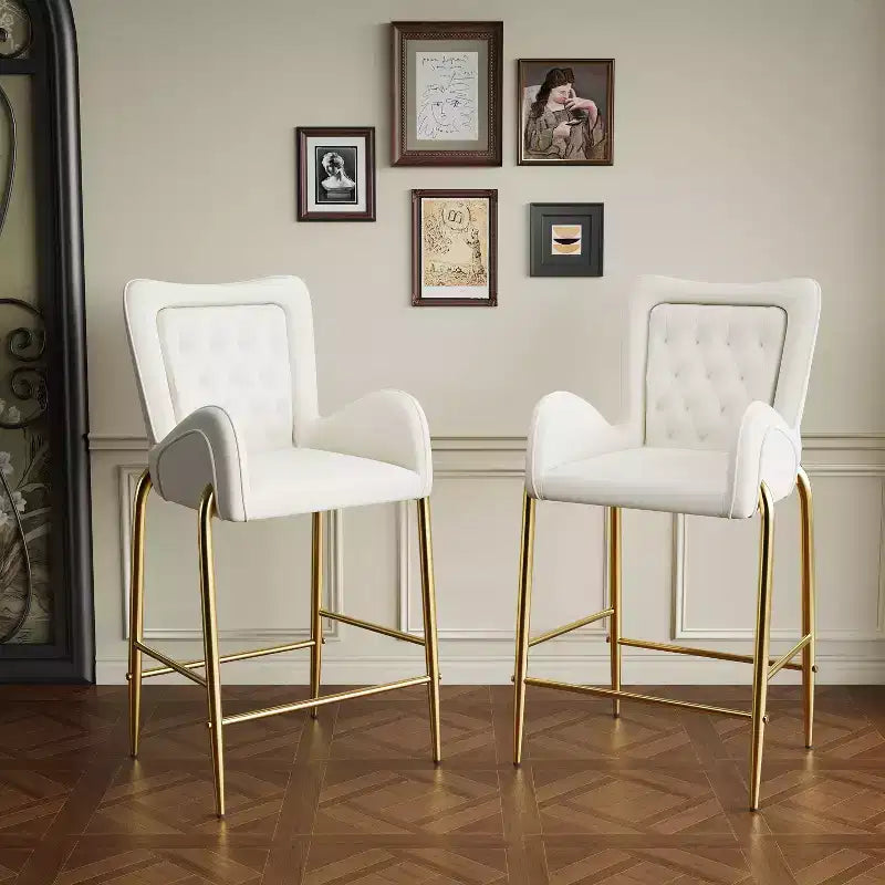 Set of 2 Counter Height Bar Stools with Velvet Seat, Golden Legs & Arms