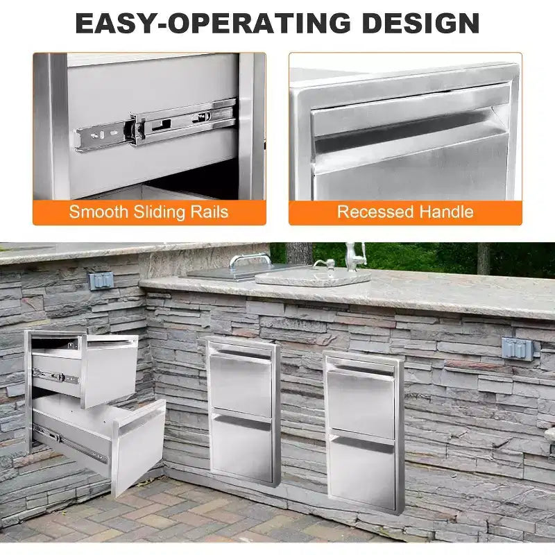 Outdoor Kitchen Drawer 13 x 21 Stainless Steel BBQ Double Drawer with Handle, Flush Mount for Patio Grill Island