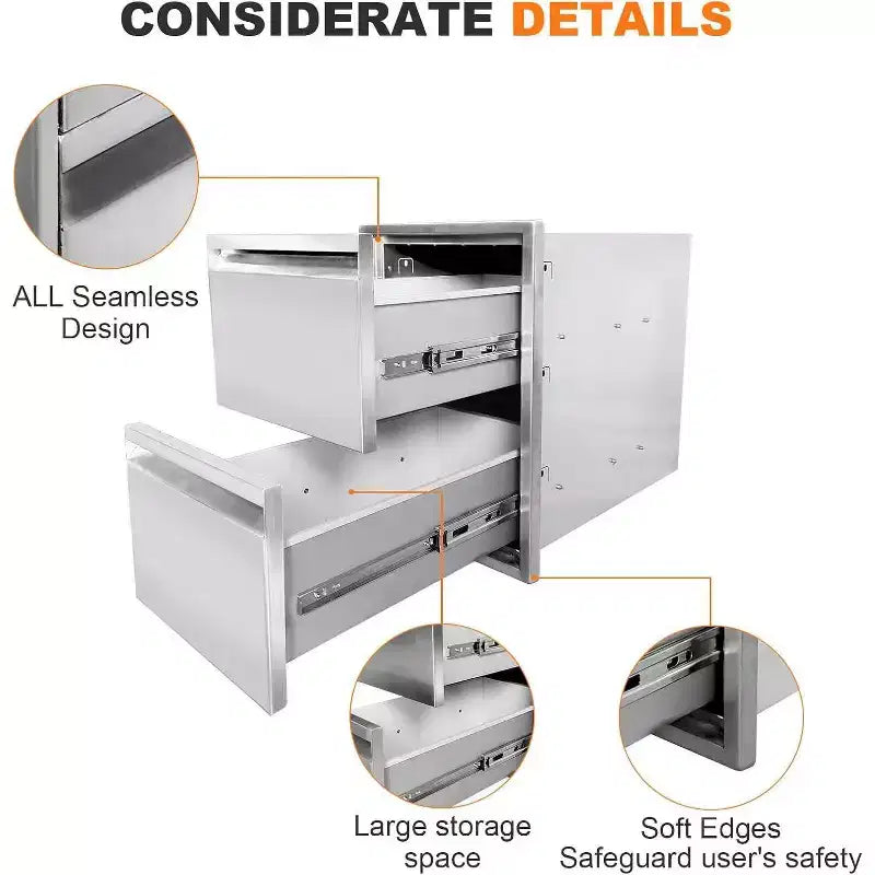 Outdoor Kitchen Drawer 13 x 21 Stainless Steel BBQ Double Drawer with Handle, Flush Mount for Patio Grill Island