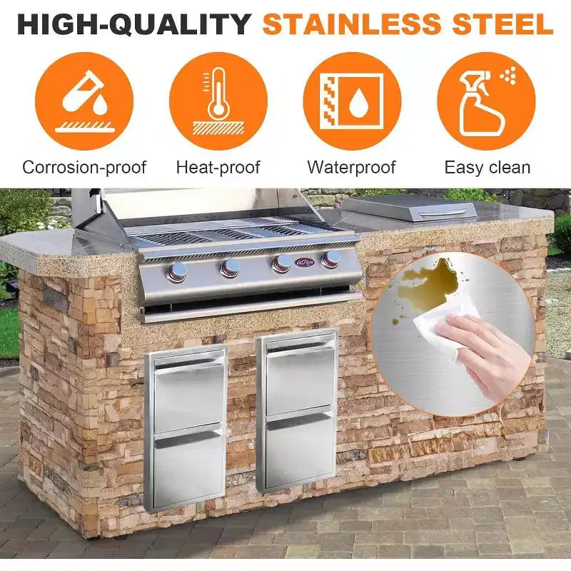 Outdoor Kitchen Drawer 13 x 21 Stainless Steel BBQ Double Drawer with Handle, Flush Mount for Patio Grill Island