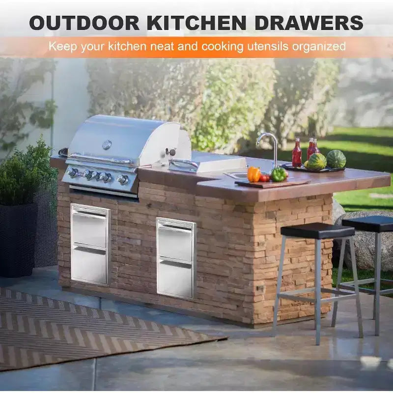 Outdoor Kitchen Drawer 13 x 21 Stainless Steel BBQ Double Drawer with Handle, Flush Mount for Patio Grill Island