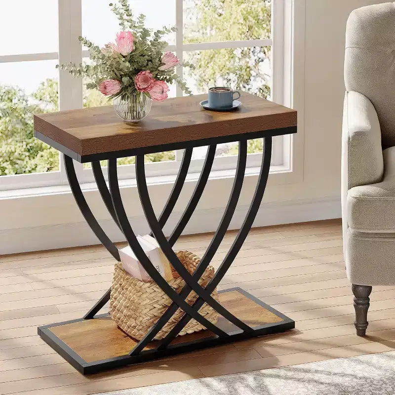 Lantine 2-Tier Narrow Side Table, Industrial Nightstand with Metal Frame, Small Bedside Tables for Bedroom, Small Spaces, Rustic Brown