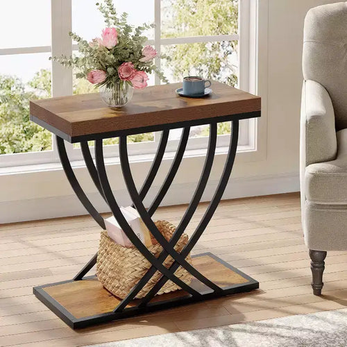 Lantine 2-Tier Narrow Side Table, Industrial Nightstand with Metal Frame, Small Bedside Tables for Bedroom, Small Spaces, Rustic Brown